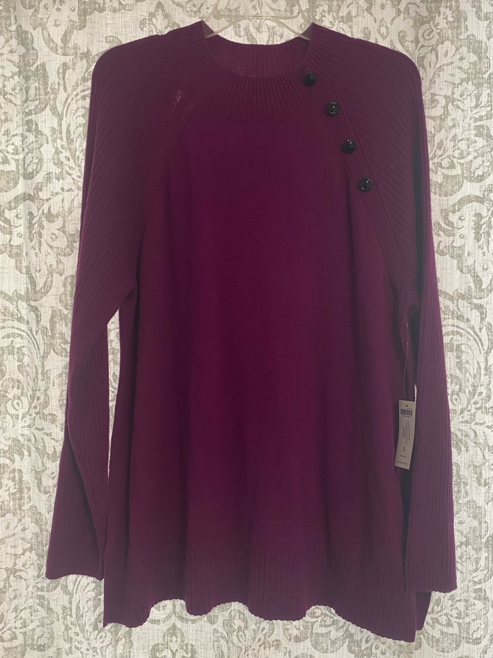 Chicos Wool Cashmere Blend Button Detail Classic Modern Tunic Sweater Purple XL